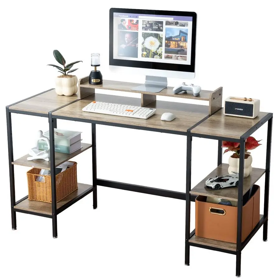 

Computer Desk 47 Home Office Small Desk with Monitor Stand, Rustic Writing Desk for 2 Monitors, Adjustable Storage Space, Moder