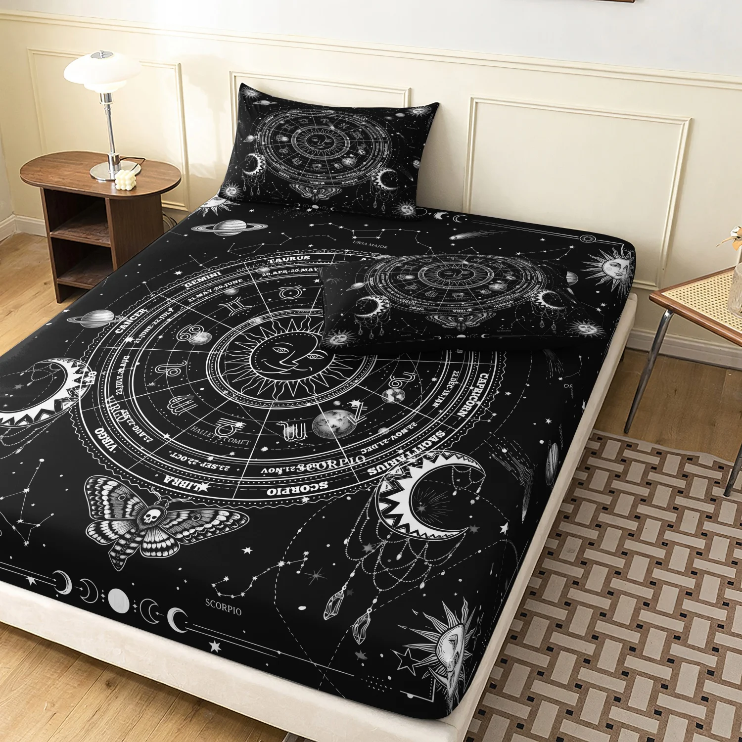 3 Pieces Celestial Zodiac Sun Moon Fitted Sheet Set, Black White Planet Star Moth Print Bedding, Gothic Decor Bedding