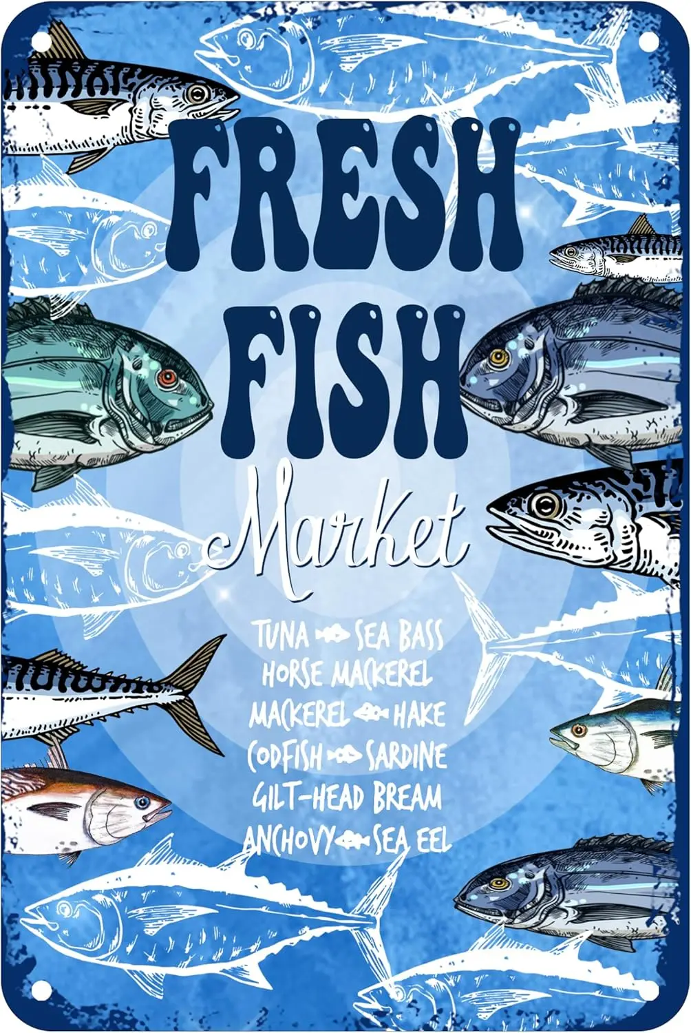 Fresh Fish Market Tin Signs Blue Vintage Metal Tin Sign For Men Women,Wall Decor For Bars Restaurants Cafes Pubs Sea Beach Summe