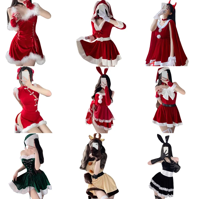 Christmas Cosplay Costume Dresses Women Santa Velvet Bunny Girl Lingerie Christmas Halloween Party Cosplay Dress Fancy Set