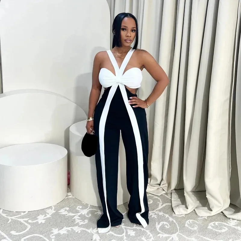 

KEXU женские комбинезоны с v-образным вырезом и открытыми плечами, широкие комбинезоны с цветными блоками, модный сексуальный вечерний комбинезон 2025 года, цельный комбинезон, комбинезон