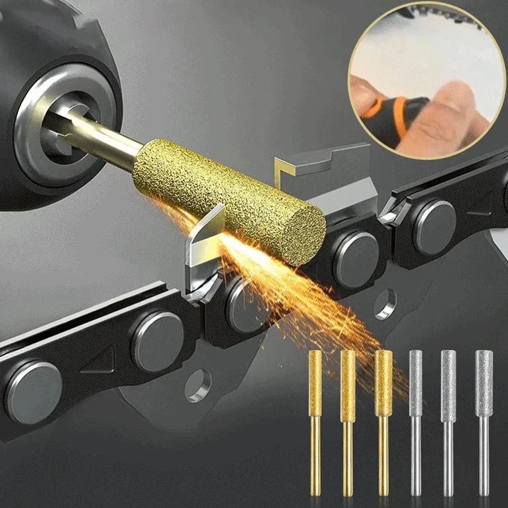 6PCS Diamond Chainsaw Sharpener Set, Titanium Coated Corundum Sharpener Head, Rotary Tool Burr Stone File for Chainsaw, Jade,