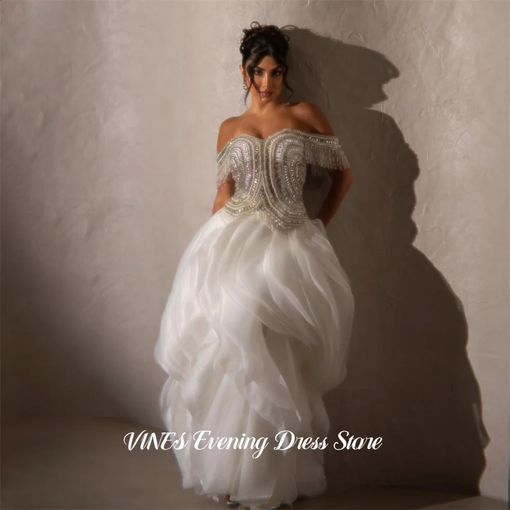 VINES White Evening Dress Off the Shoulder Short Sleeve Formal Gown Beading On Chest Night Dresses A Line Prom Dress Customized