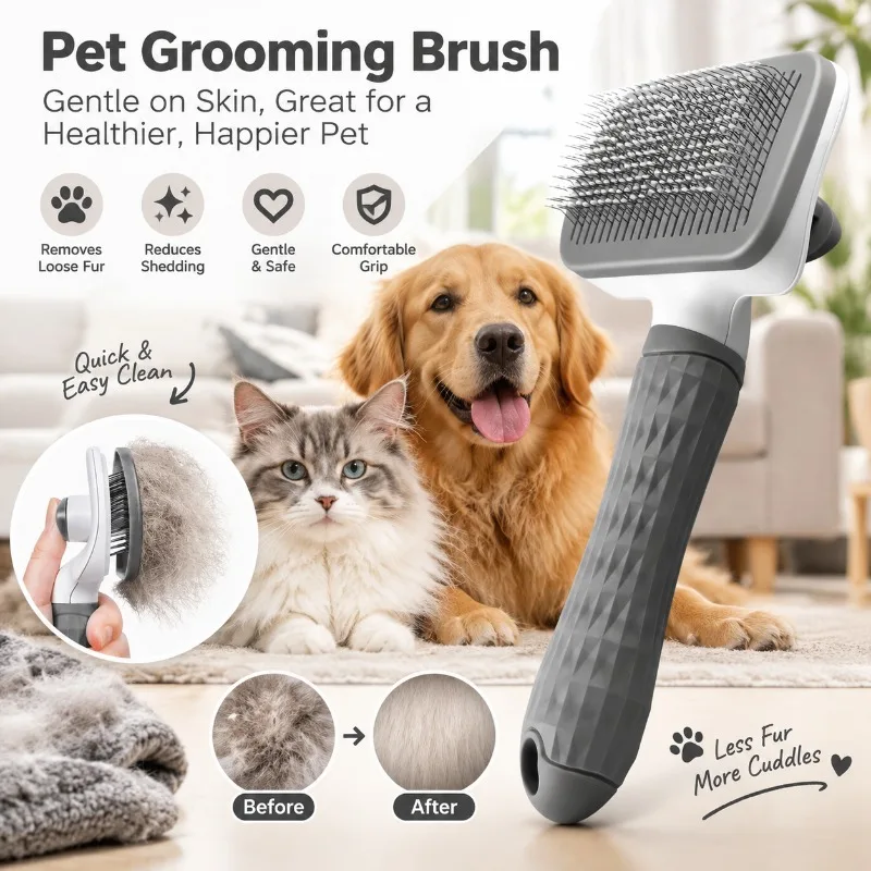 Self Cleaning Pet Grooming Brush, One Button Hair Removal Easy Clean Slicker Comb for Dog Cat Shedding Grooming Tool