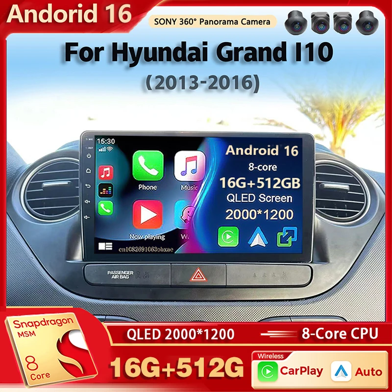 Radio Multimedia para Auto Android 16 Qualcomm para Hyundai Grand I10 2013-2016, Reproductor de Auto con Carplay, Estéreo para Auto con DSP, wifi+4G, Voz Ai