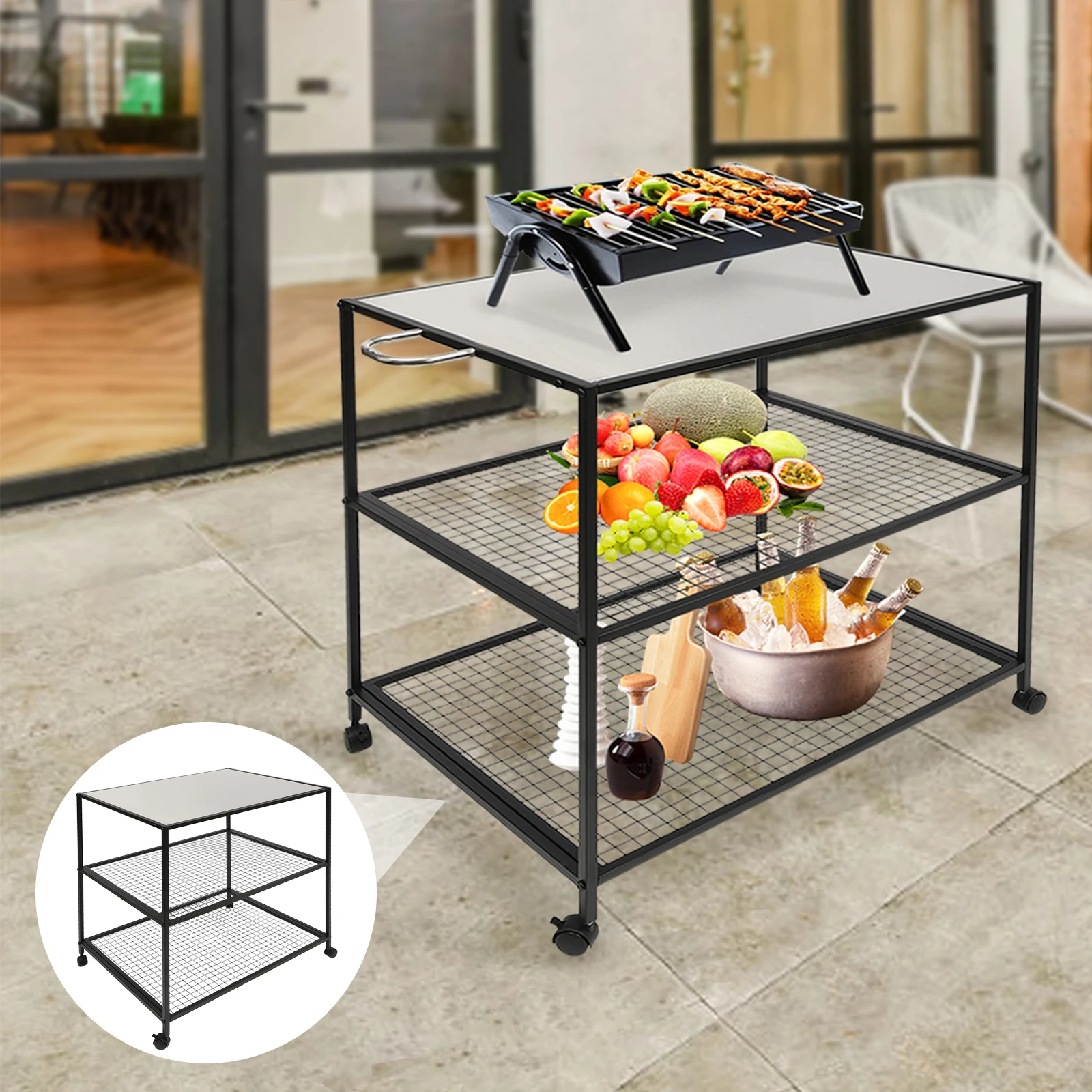 Three-Shelf Movable Food Prep and Work Cart Table Stainless Steel Grill Cart