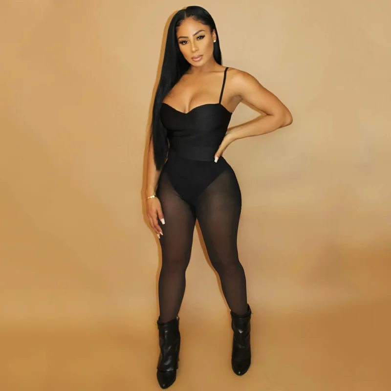 

European and American fashion women's summer 2022 new fashion black suspenders onesie mesh see-through trouser set 17