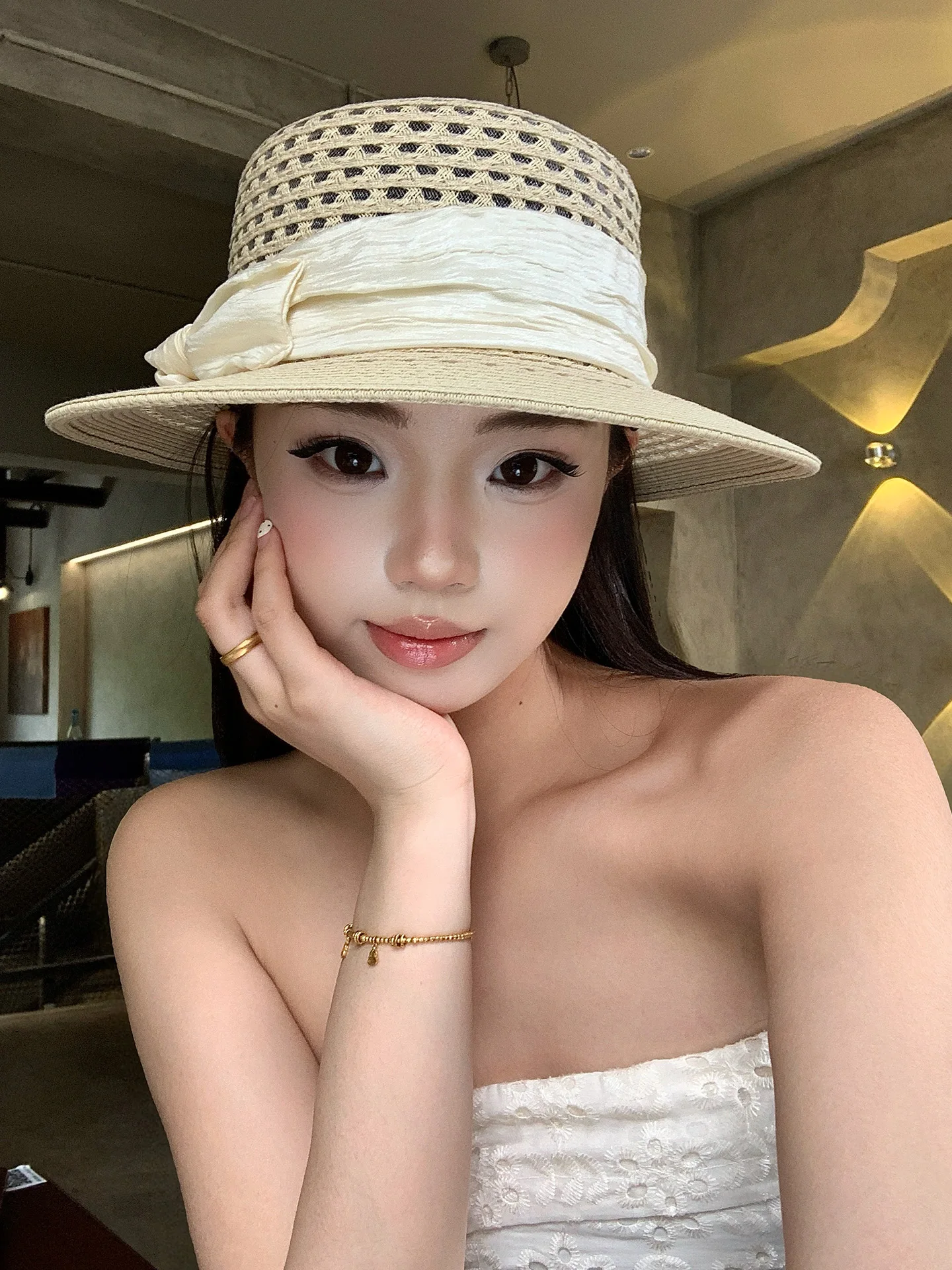 Women's Summer Beach Hat  Knot Hollow out Flat Top Sunshade Hat Adjustable Strap Youth Fashionable Sunguard Cap