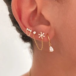 3PCS New Stainless Steel Zircon Tassel Chain Dangle Earrings Set for Women Gold Color Pendant Cartilage Earring Piercing Jewelry