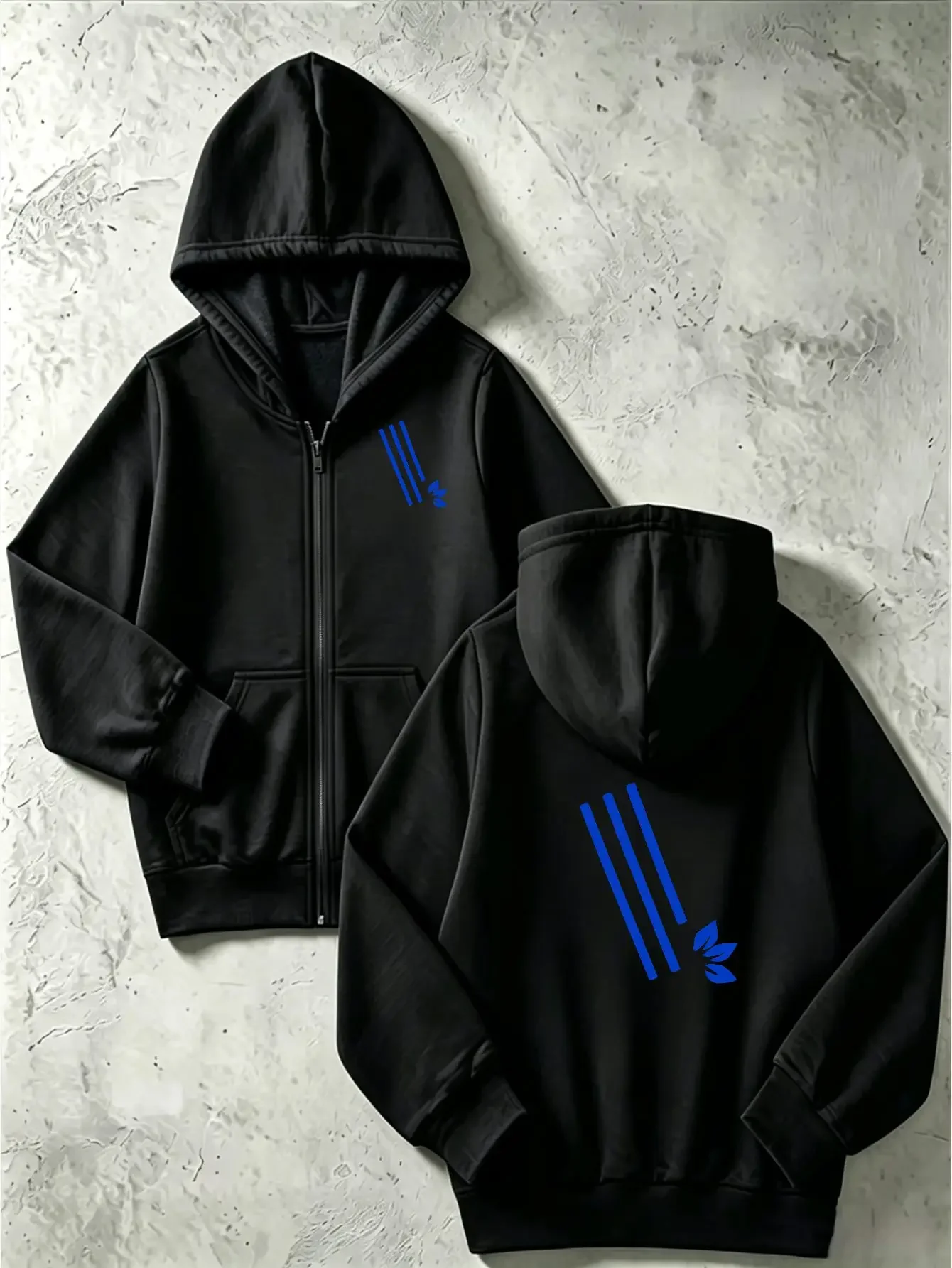 Kids Simple Blue Stripe Leaf Print Zip Up Hoodie Loose Long Sleeve Hooded Jacket Sporty Casual Outerwear For Boys Girls