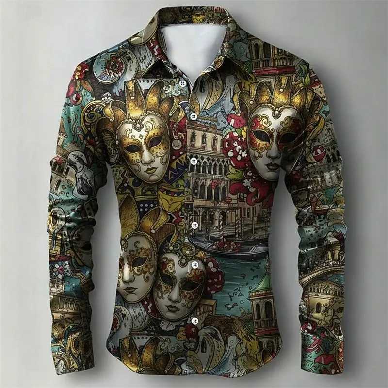 Carnival Men's Graphic Cartoon Mask Button Down Shirt Casual Shirt Long Sleeve Hawaiian Casual Outdoor Vacation Party Spring