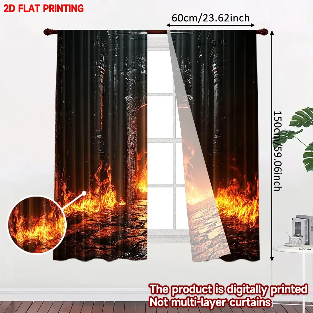 2D flat printing 2pcs Window Curtains Gothic Fiery Gateway Digital Printed Polyester Drapes Festive Wall Decor Use for Festive