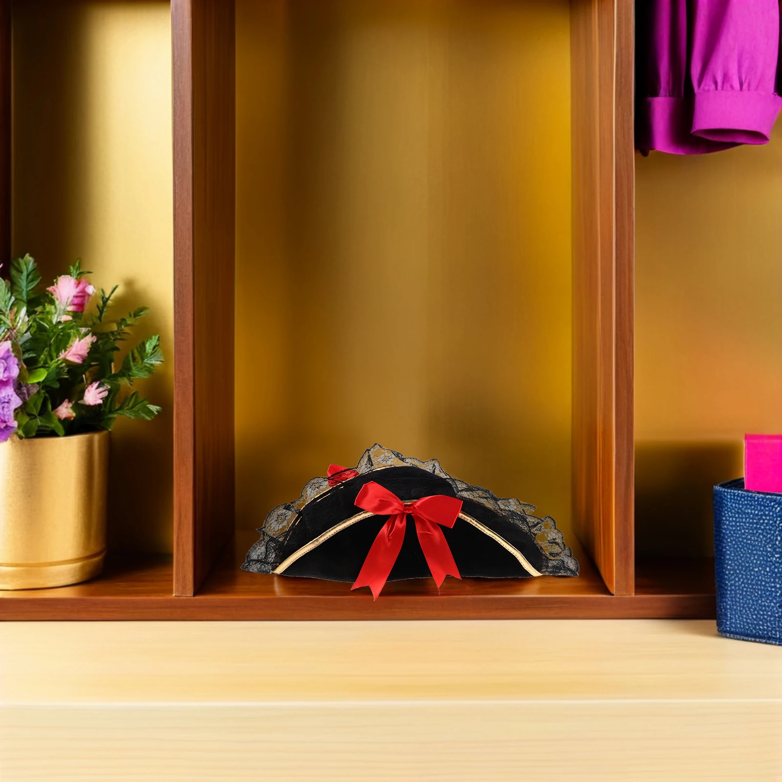 Rote Schleife Piratenkapitän Buccaneer Hut Spitzenbesatz Halloween Kostüm Piraten Kopfbedeckung Party Cosplay für Frauen Erwachsene