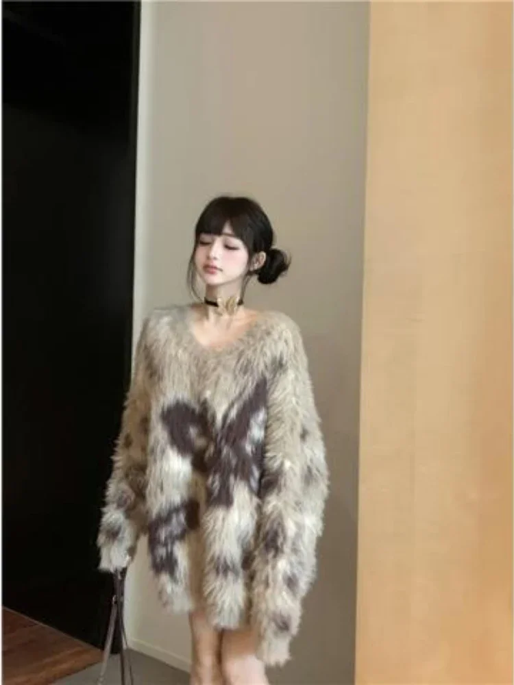 Soft Mink Sweater Women Autumn Winter Butterfly Jacquard Loose Coat Lazy V-neck Knit Tops Y2k Clothes Trend Streetwear Design