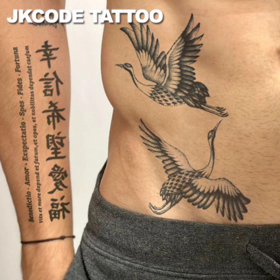 2Pcs Waterproof Design Semi-Permanent Tattoos, Japanese Ukiyo-E Style Crane Tattoo - Chinese & English Lucky & Family & Love - Word Tattoo Designs - Fashionable Large Size Men's Tattoos - Neck, Hand, Finger, Women's Temporary Tattoos, Lasts 15 Days