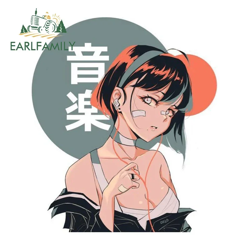 EARLFAMILY 13cm X 11cm For Anime Girl With Headphones Music Lover Car Stickers Simple Sunscreen Decals Windows Vinyl Car Wrap