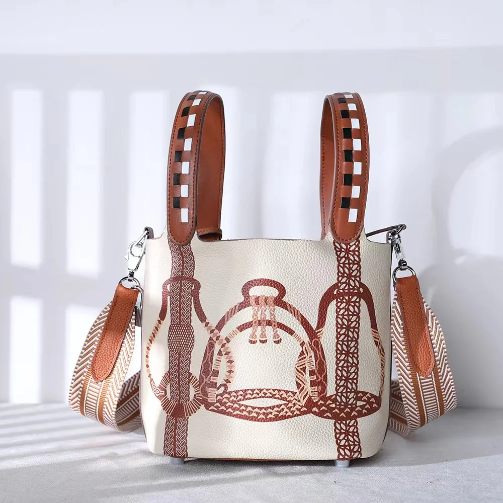 Cowhide Painted Vegetable Basket Women's Handbag Ethnic Style Genuine Leather Bucket Bag Fashionable Shoulder Bag Commuting