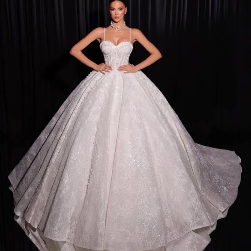 Shiny White Appliques Wedding Dresses slit Lace decal puff skirt long tail Gowns Pearl jewelry Made wedding dress Bridal Gown