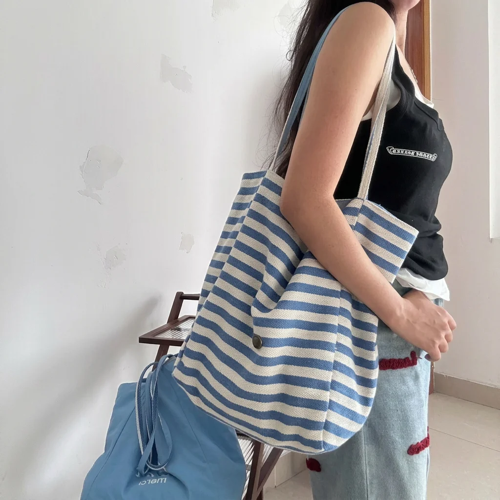 AB Double Sided Large Tote Bag Women Light Blue Canvas Handbag Reversible Striped Solid Design for Daily Shopping Travel image 3