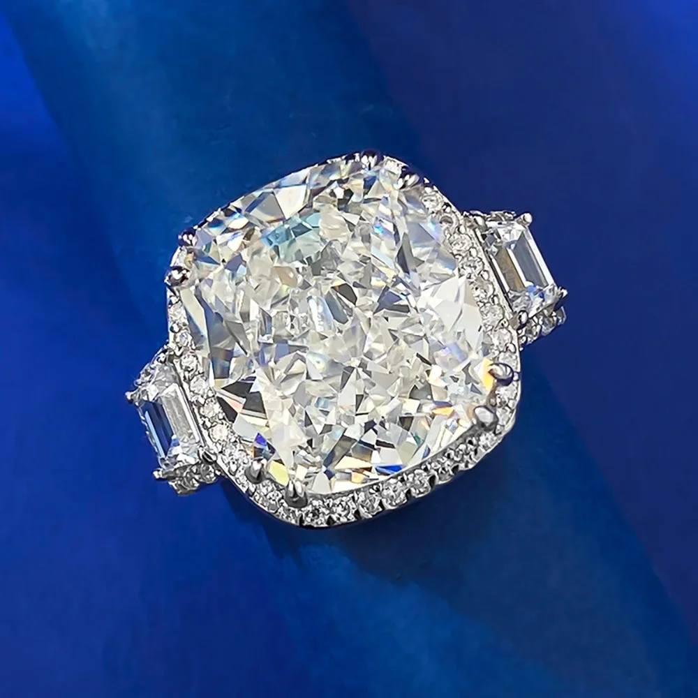 2023 New Luxury 100% 925 Real Silver 12*14mm White G Lab Diamond Rings for Women Engagement Ring Party Fine Jewelry Female Gifts