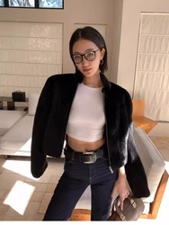 Women's Winter Eco-Friendly Mink Fur Cropped Jacket Retro Stand Collar Short Jacket Brown Faux Fur Coat
