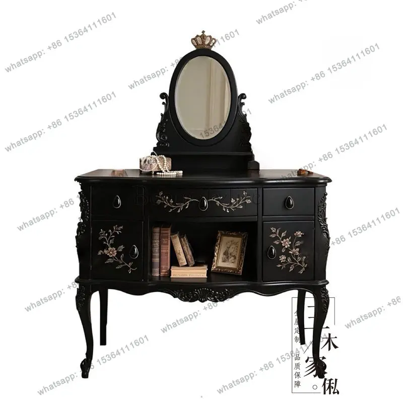 

French retro solid wood dresser black American engraved master bedroom makeup table can be customized