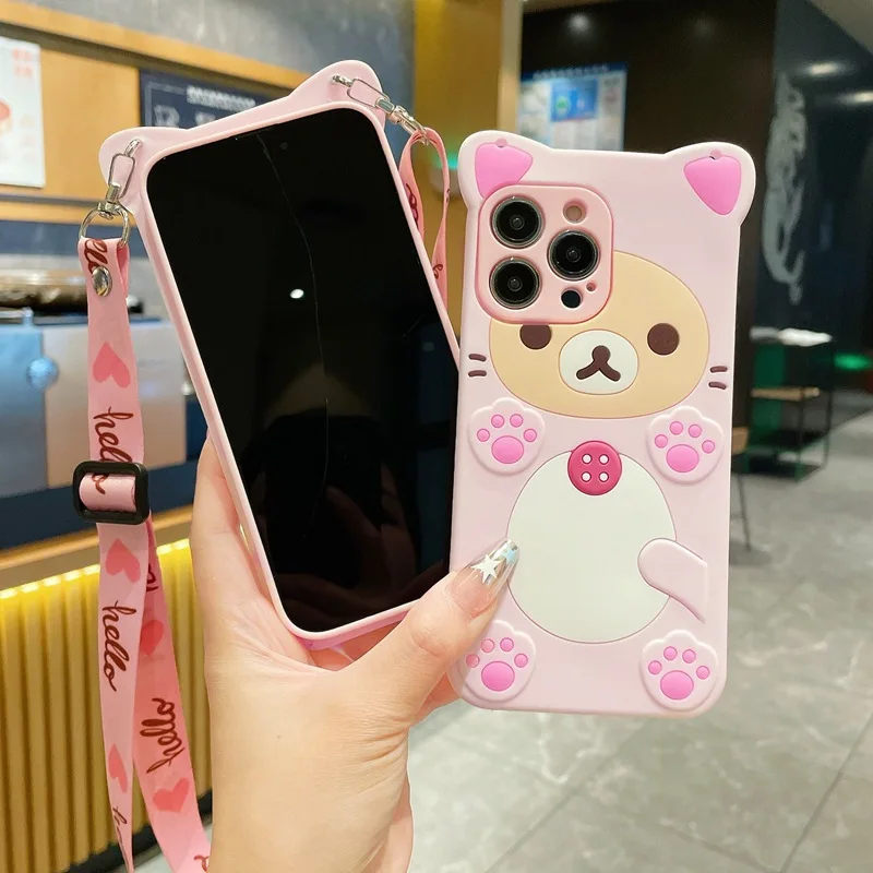 3D Cute Rilakkuma Bear For Samsung Galaxy S26 S25 S24 S23 S22 S21 S20 Plus Ultra FE S8 S9 S10 Crossbody Rope Lanyard Phone Case view 6
