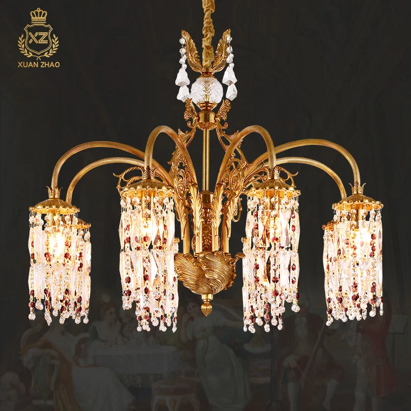 

XUANZHAO European Style Solid Brass Lamp Suspension Led Light Fixtures Crystal Hanging Mid Century Dining Chandelier