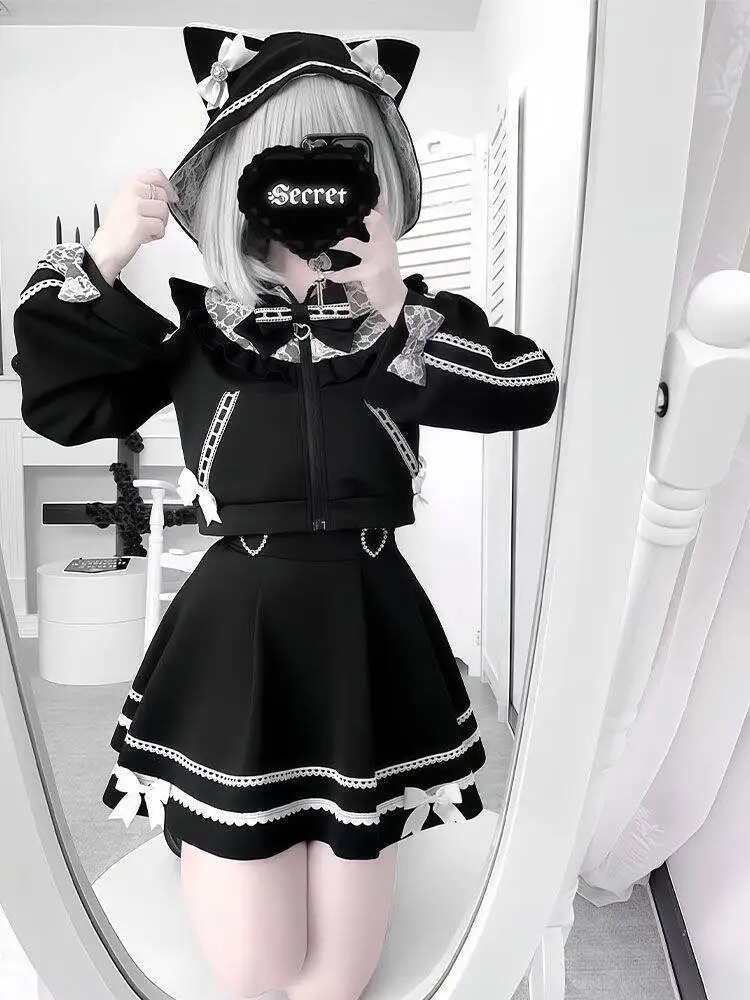 MAGOGO Japanese-style Gothic short coat and new-style skirt set with bow tie, sweet and cute hoodie, lace two-piece set