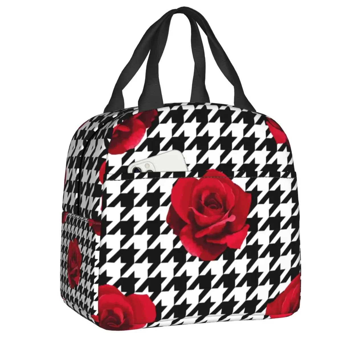 Houndstooth And Roses Thermal Insulated Lunch Bag Dogtooth Portable Lunch Container for School Office Outdoor Storage Food Box