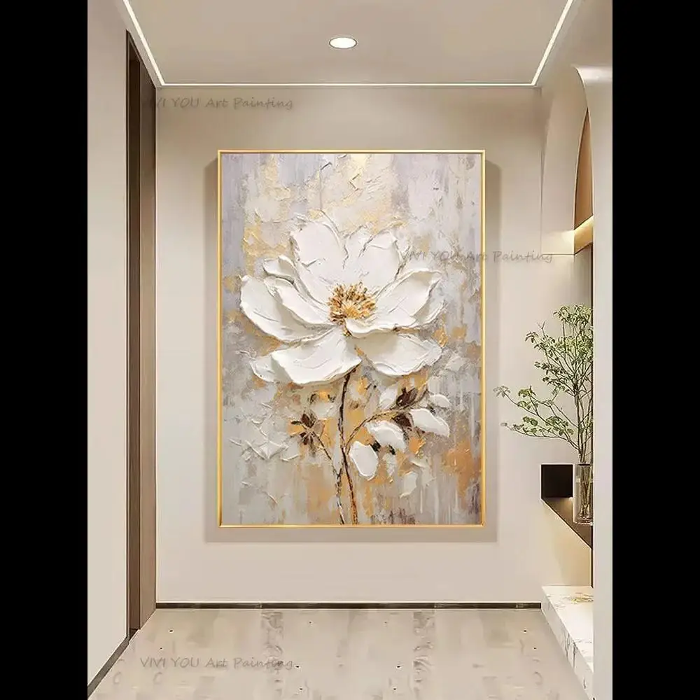 Elegant Nordic Luxury Wall Art   Handpainted Golden White Flowers Thick Oil Painting for Living Room Decor  Modern Home Decor