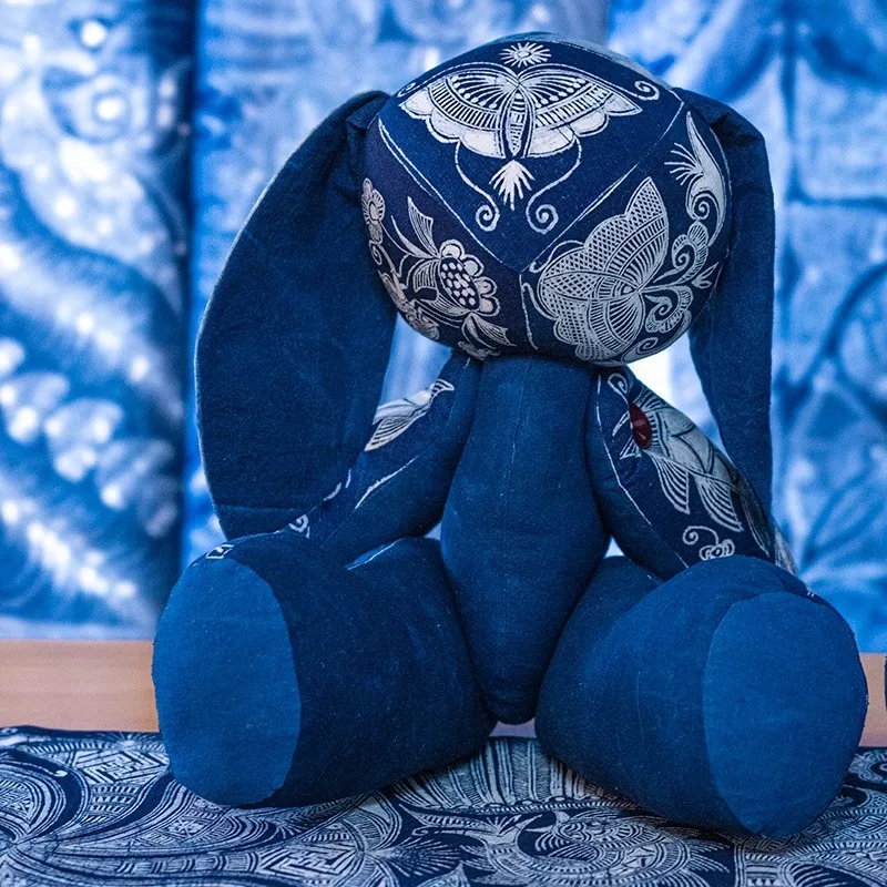 Indigo-dyed fabric ornaments - patchwork rabbits and bears