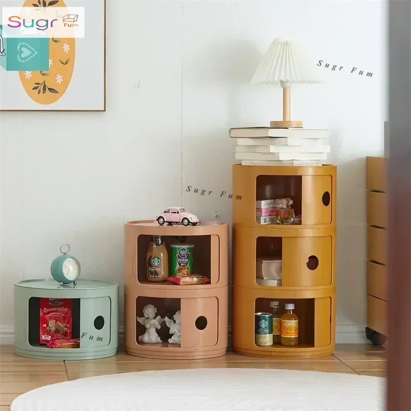 

Minimalist Katell Round Cabinet Sliding Door Bedside Table Multi-Layer Round Storage Cabinet Living Room Sofa Side Table Cabinet