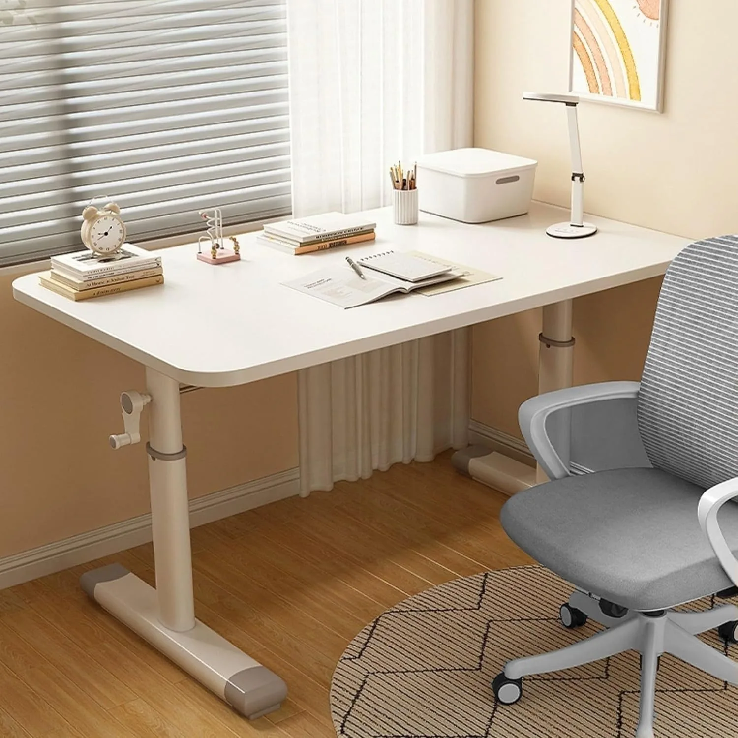 

1pc White Small Computer Desk, Modern Simple Style Desk, Rotating Button Adjustable Height 67.31-89.92cm Standing Table