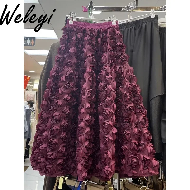 Fairy Three-dimensional Rose Flower Midi Skirt Female 2024 Autumn and Winter New Princess Ancora Red Mid-length Skirts for Women