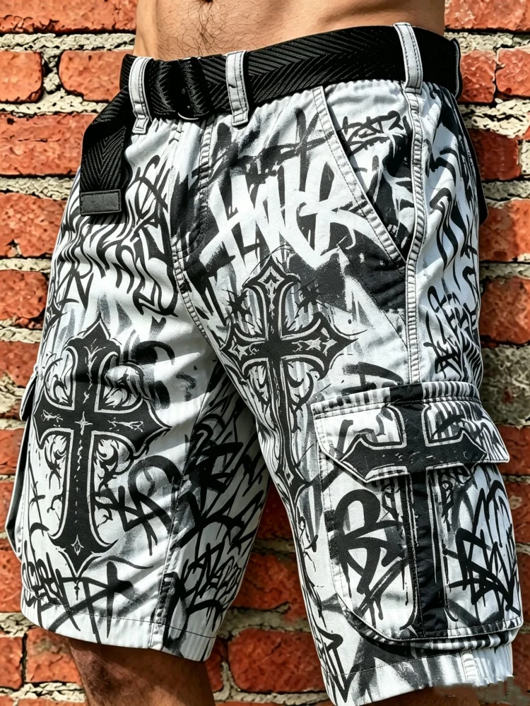 

Mens Cargo Shorts with Graffiti Cross Print Streetwear Style Loose Fit Multi Pockets Elastic Waist with Belt Hip Hop Shorts