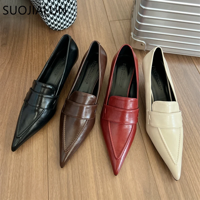 SUOJIALUN 2023 Autumn Women Pumps Shoes Fashion Pointed Toe Slip On Ladies Elegant Single Shoes Thin Low Heel Dress Pumps Shoes