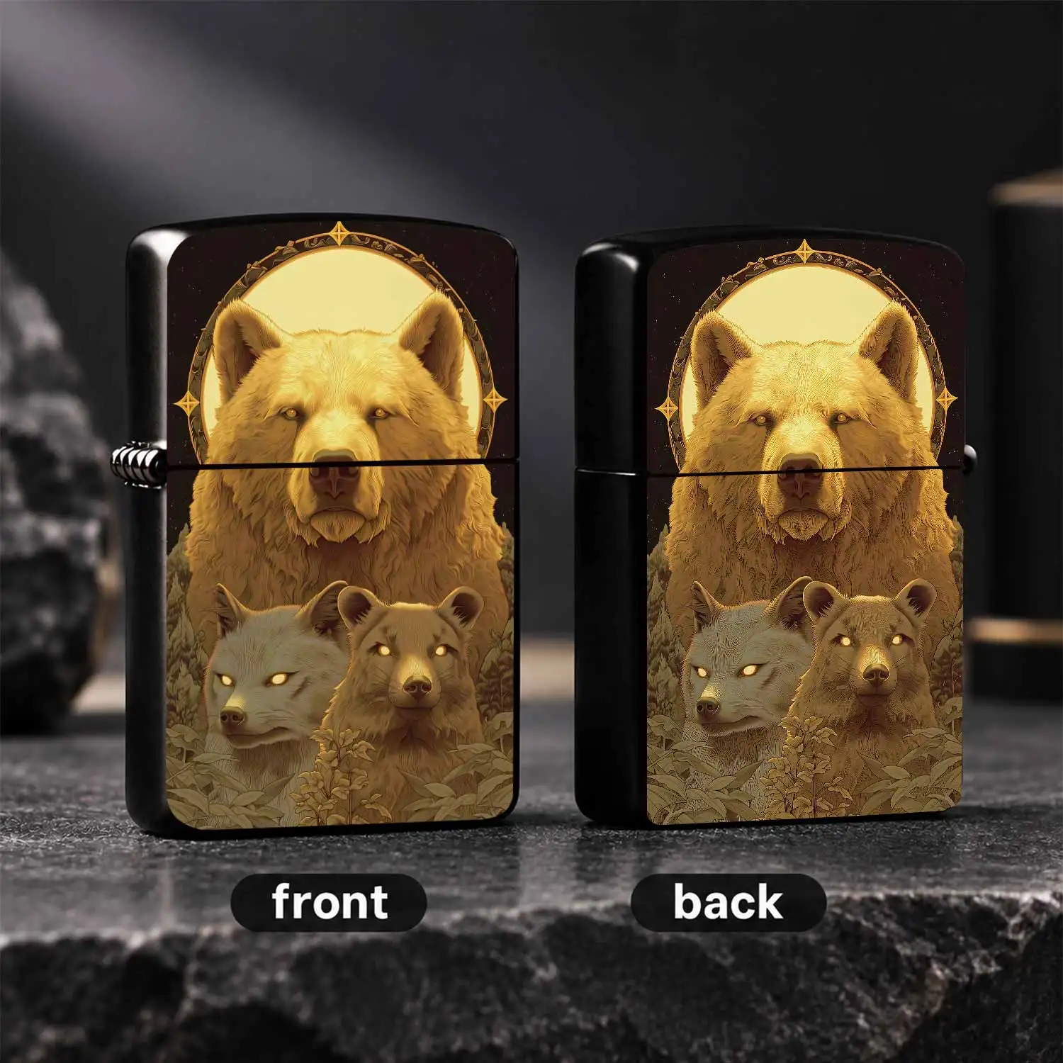 Vintage Sacred Golden Spirit Bear Guarding Twin Spirit Foxes Themed Lighter, Artistic Totem Decor Piece, Fits Daily Outings, Outdoor Trips And All Scenarios, Unique Creative Collectible Gifting Practical Item A Humorous And Interesting Ligh