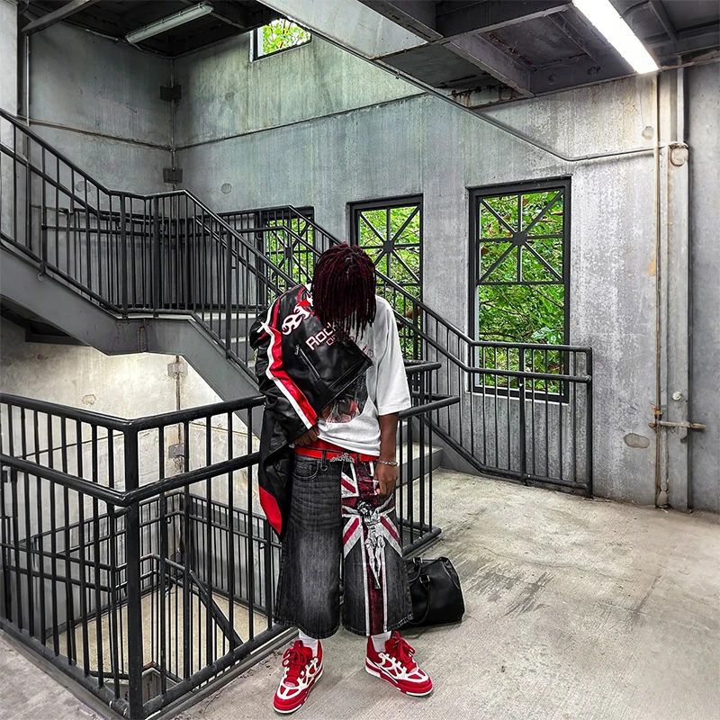 Y2K Jeans lavati vintage Moda bandiera britannica modello stampa pantaloncini di jeans larghi casual gotico uomo donna punk rock streetwear