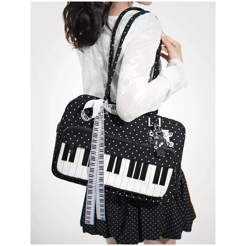 Polka Dot Piano Key Umhängetasche, große Handtasche in Kontrastfarbe, Y2k JK Mädchen-Aktentasche, Damen Wave Point Bowling-Einkaufstasche – Detail 25