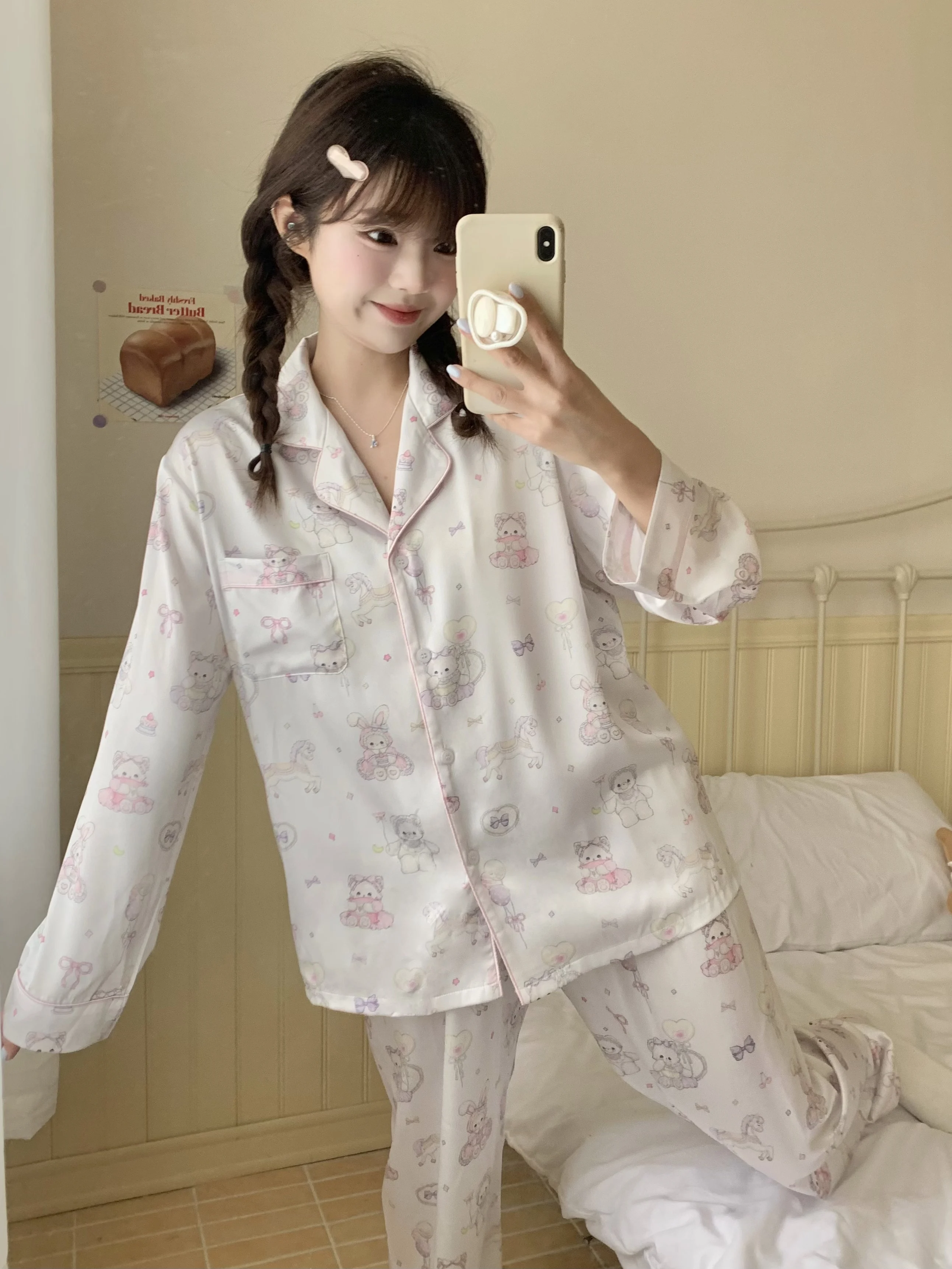 Sweetheart Girl Japanese Original Cute Cartoon Printed Ice Silk Pajamas 2025 Summer Cool Short-sleeved Loungewear Set