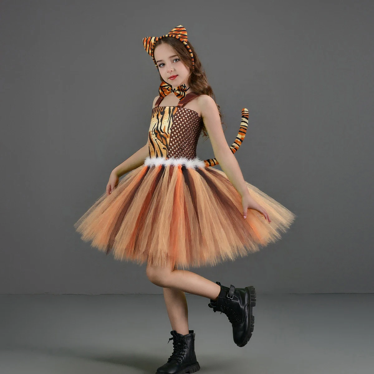 Tiger Costume for Kids Forest Theme Birthday Party Tutu Dress Toddler Girls Carnival Halloween Animal Cosplay Dress Up Clothes