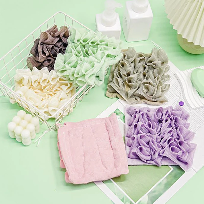 Asciugamano da bagno 2 in 1 luffa con chiusura a coulisse per sapone morbido esfoliante in rete spugna da doccia strumento da bagno per la cura della pelle