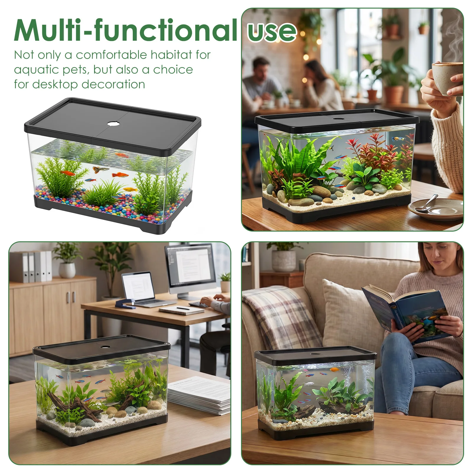 Transparent Fish Tank Aquarium with cover Desktop Rectangular Water Plant Pets Tank for Office Home Decor 5