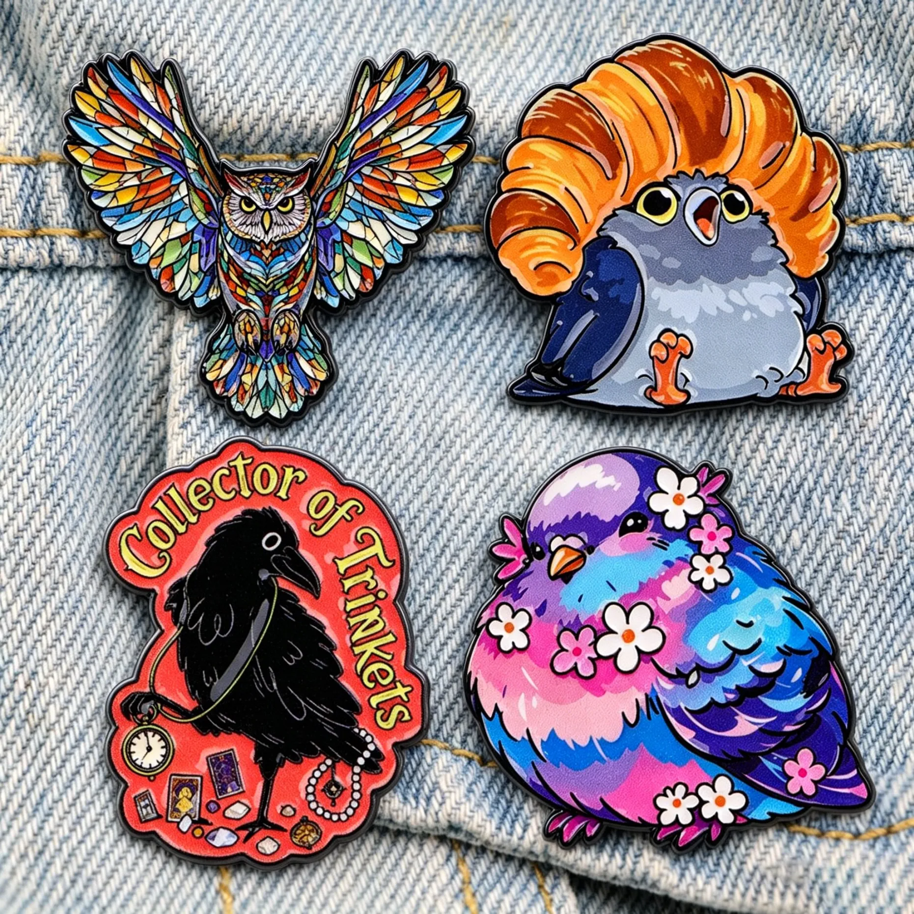 Bunte Emaille-Anstecknadeln: Taube, Eule, Croissant-Vogel, Schwarze Krähe, Blumenmuster, Dicker Vogel – Reversbroschen für Jeansjacken, Rucksäcke, Kunstschmuck, Geschenk