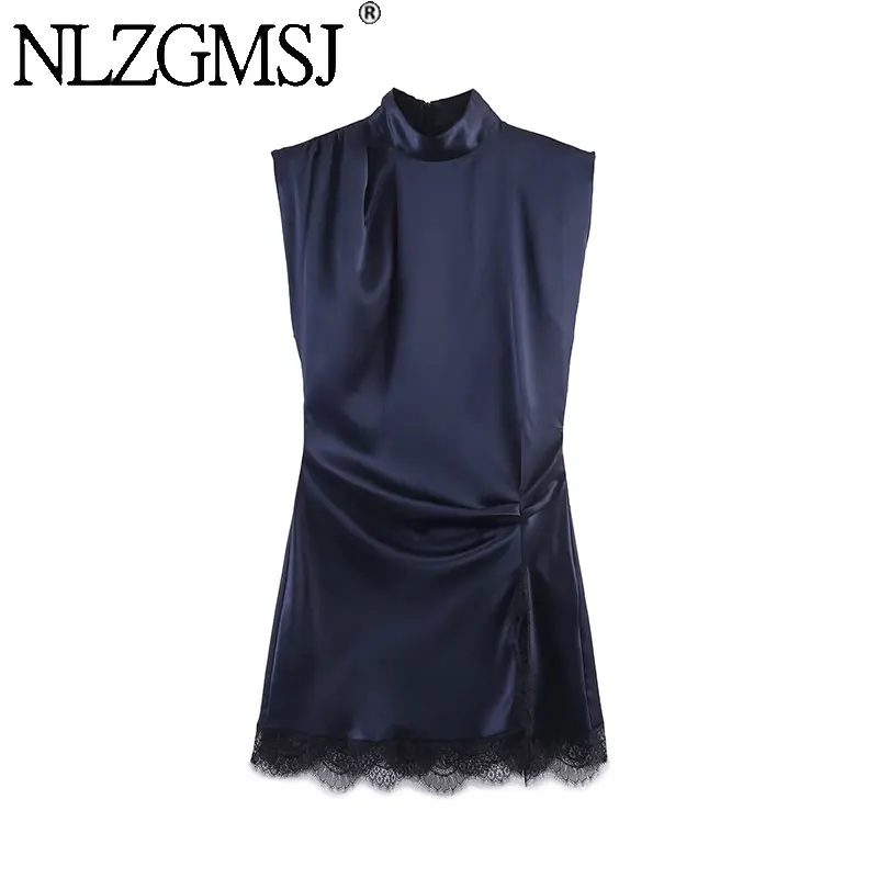 NLZGMSJ 2026 Frühling Lässiges Schickes Damenkleid Einfarbig Ärmellos Spitze Kurz Gerade Geschnitten Vestidos Neue Mode Elegantes Kleid