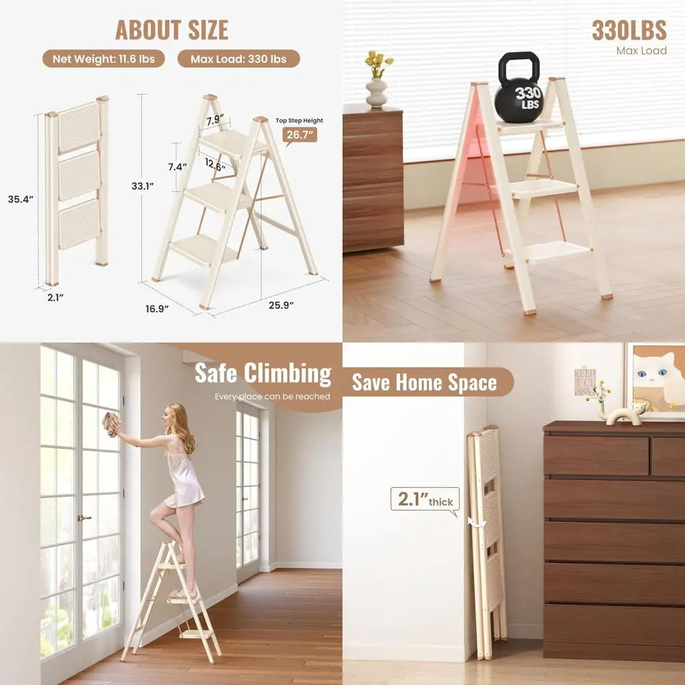 

Складной 3-ступенчатый табурет для взрослых с широкими ступеньками и надежной ручкой, стильный кремовый дизайн для домашнего использования