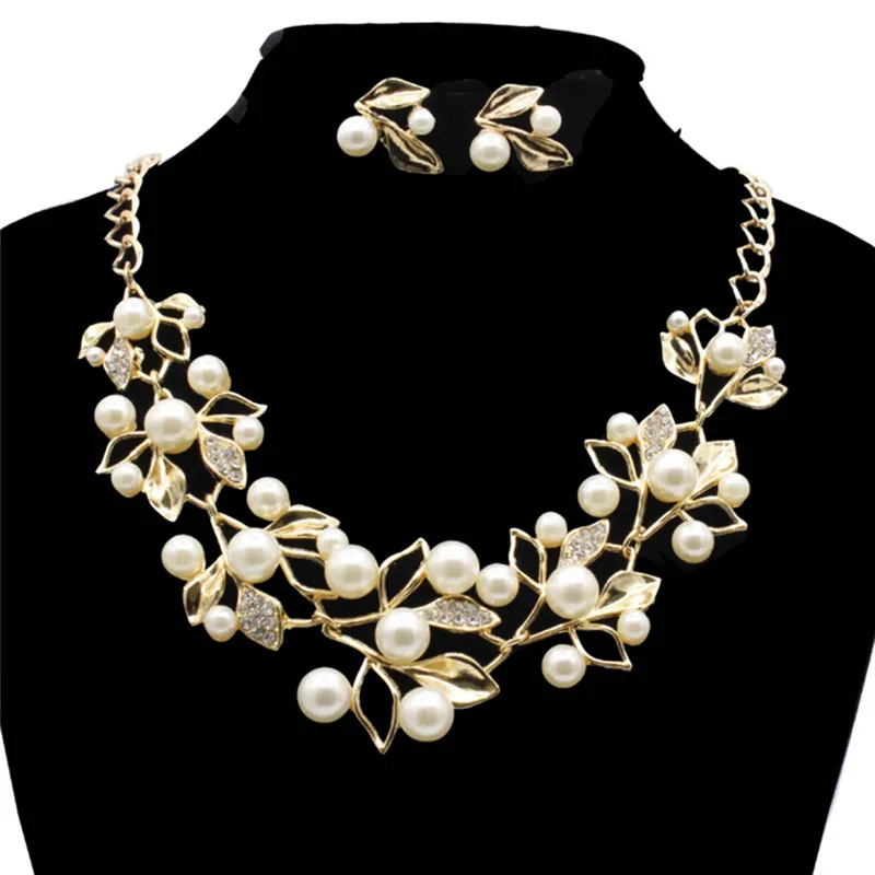 1Set Pearl Choker Necklace Bridal Jewelry Women Banquet All-match Beaded Crystal Leaf Elegant Luxury Necklace Earring Jewelry image 2