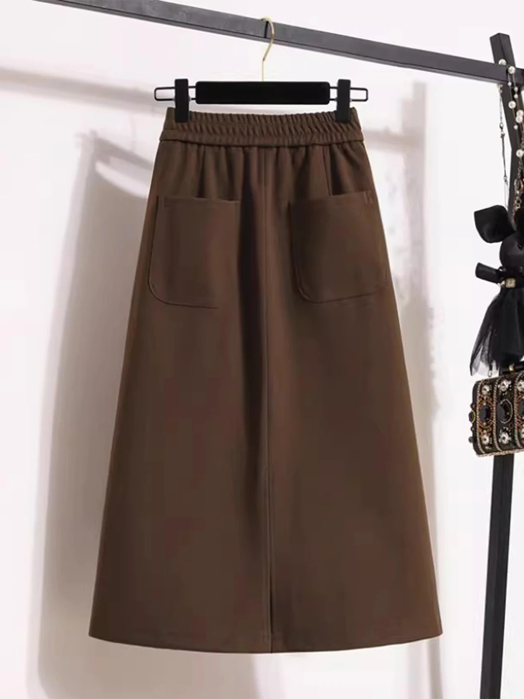 

Карамельная шерстяная юбка трапециевидной формы с высокой талией, бедра, весенне-осенний сезон, женская модная спортивная одежда с разрезом, дизайн, офисная одежда