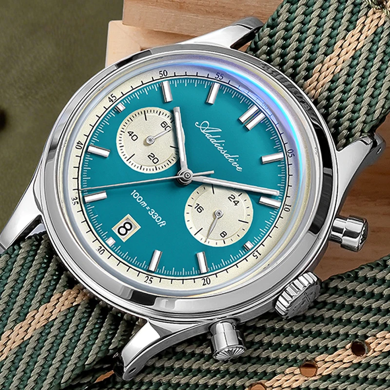 

ADDIESDIVE AD2542 Japanese Quartz Chronograph Men Watch 0S21 Movement 38mm 316L Steel Case Nylon Strap BGW9 Luminous 100M